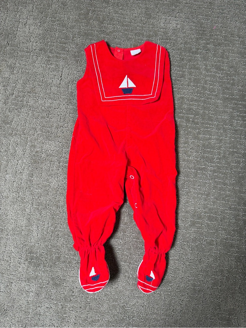 Vintage Red Velvet Sailor Footed Romper Boys Size 9MO Preppy Sailboat Appliqué